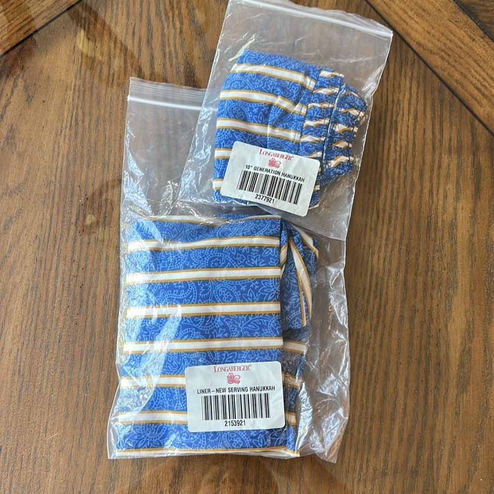 New Longaberger Hanukkah liners for serving tray and 10" Generations baskets.